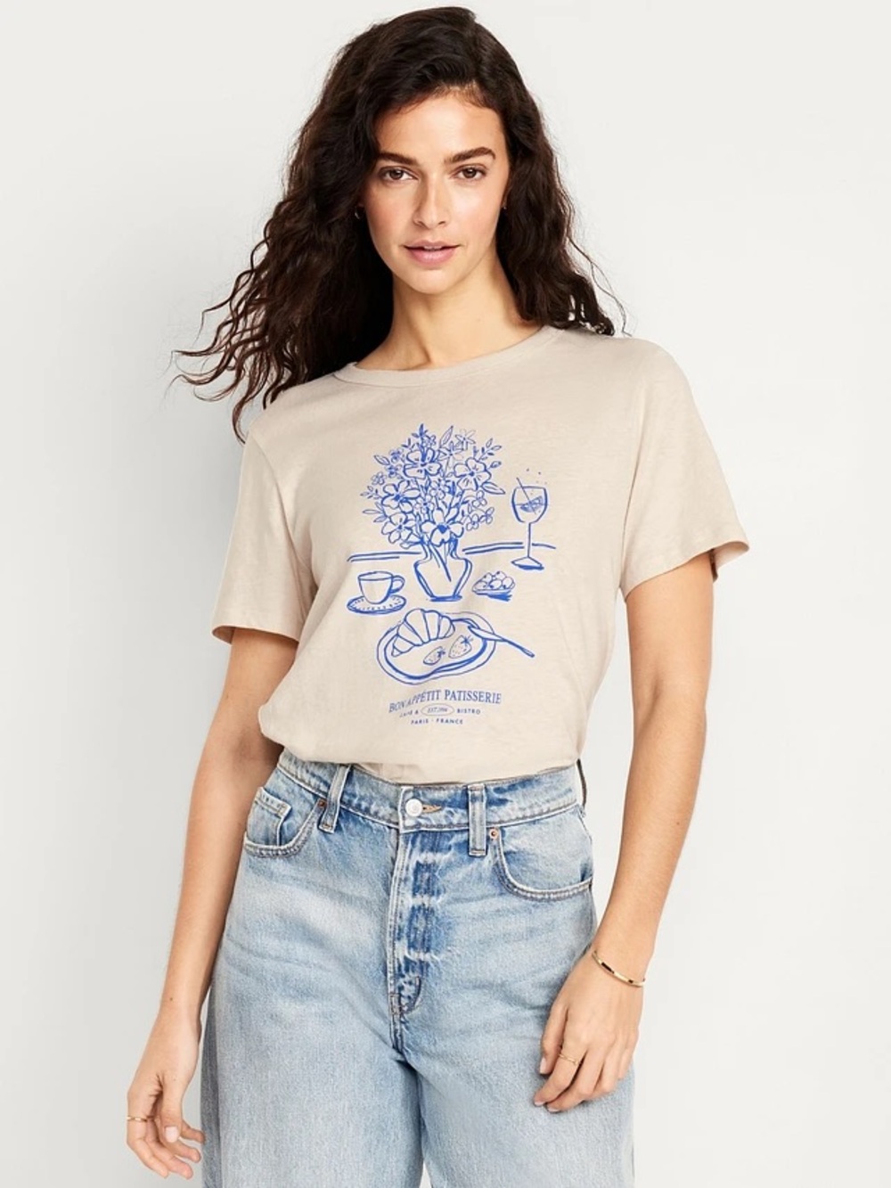 Old Navy Beige Short Sleeve Crew Tee with Blue Café Graphic, Small
